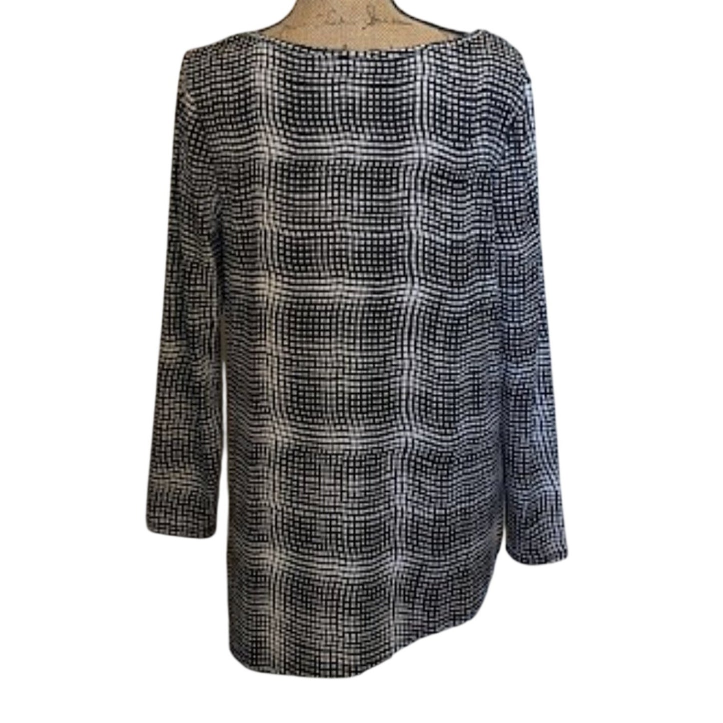 Chaus New York Women Sz L Black & White Check Asymmetrical Hem Collar Zip Tunic