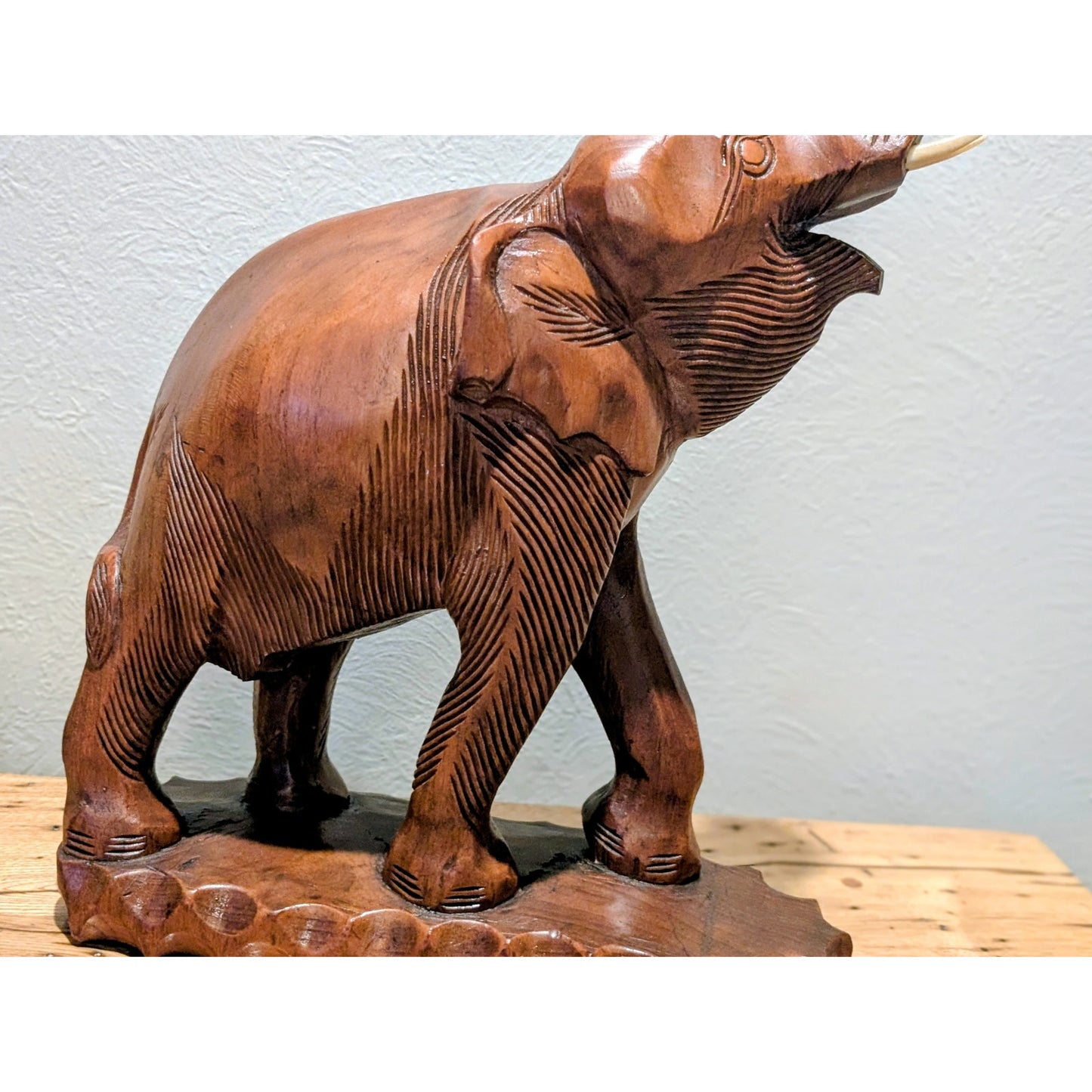VTG Mid 20th Century Hand Carved Trunk Up Tusked Wooden Elephant Sculpture