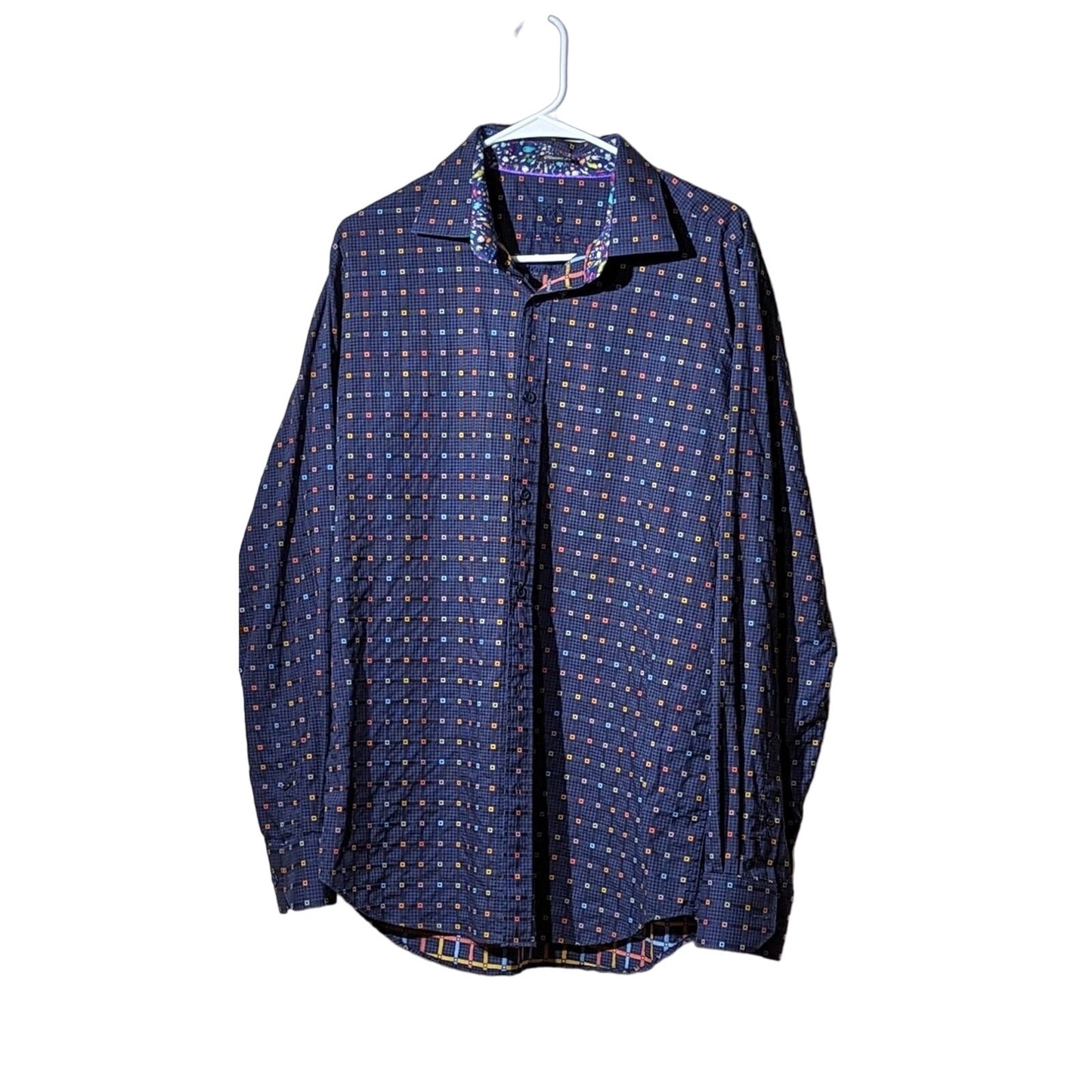 Bugatchi Uomo Men's Blue Check Long Sleeve Button Down Shirt Size L