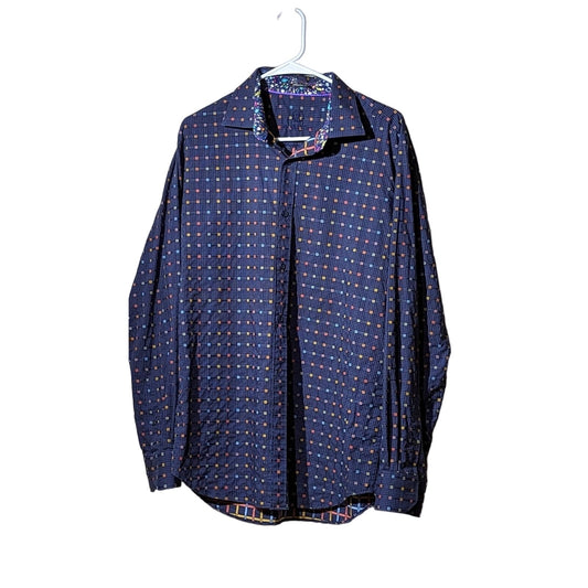Bugatchi Uomo Men's Blue Check Long Sleeve Button Down Shirt Size L