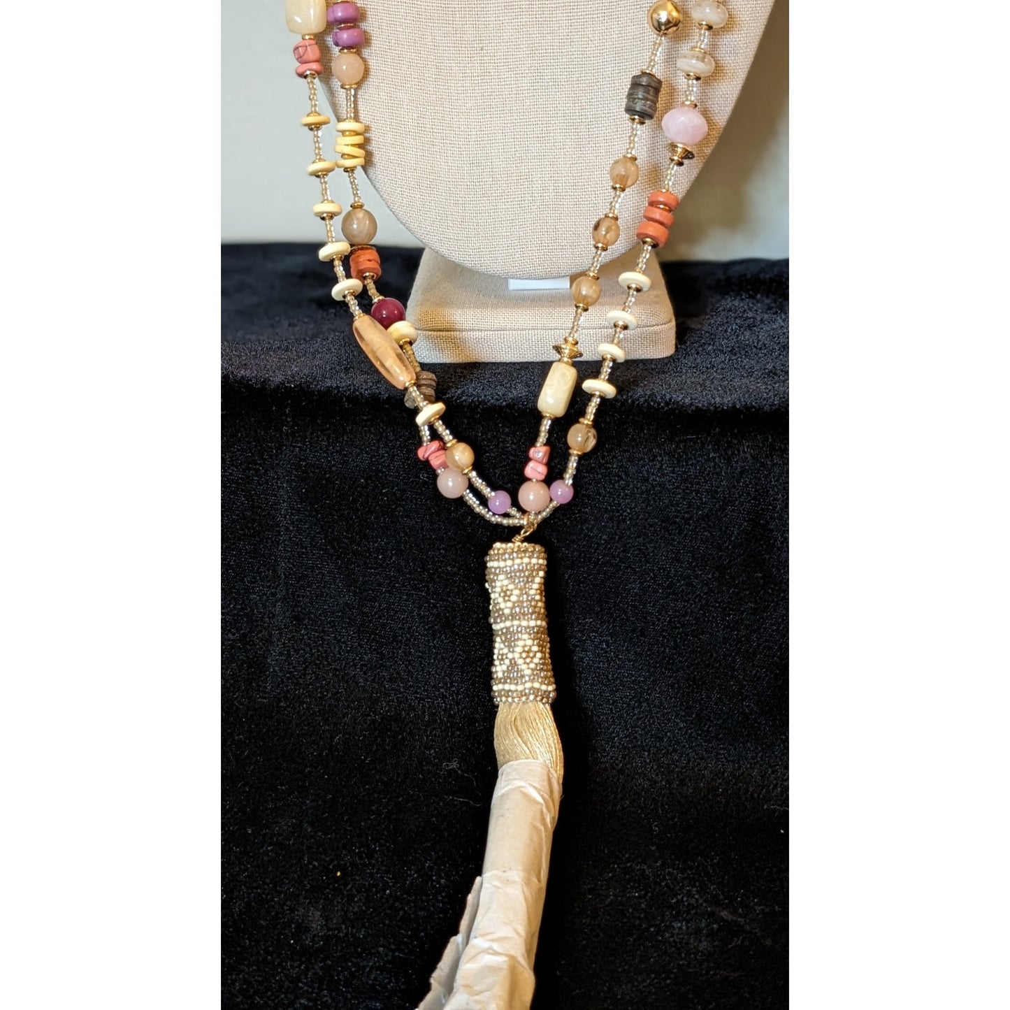 Chico's Mirai Multi Neutral Tassel Double Strand Beaded Long Necklace