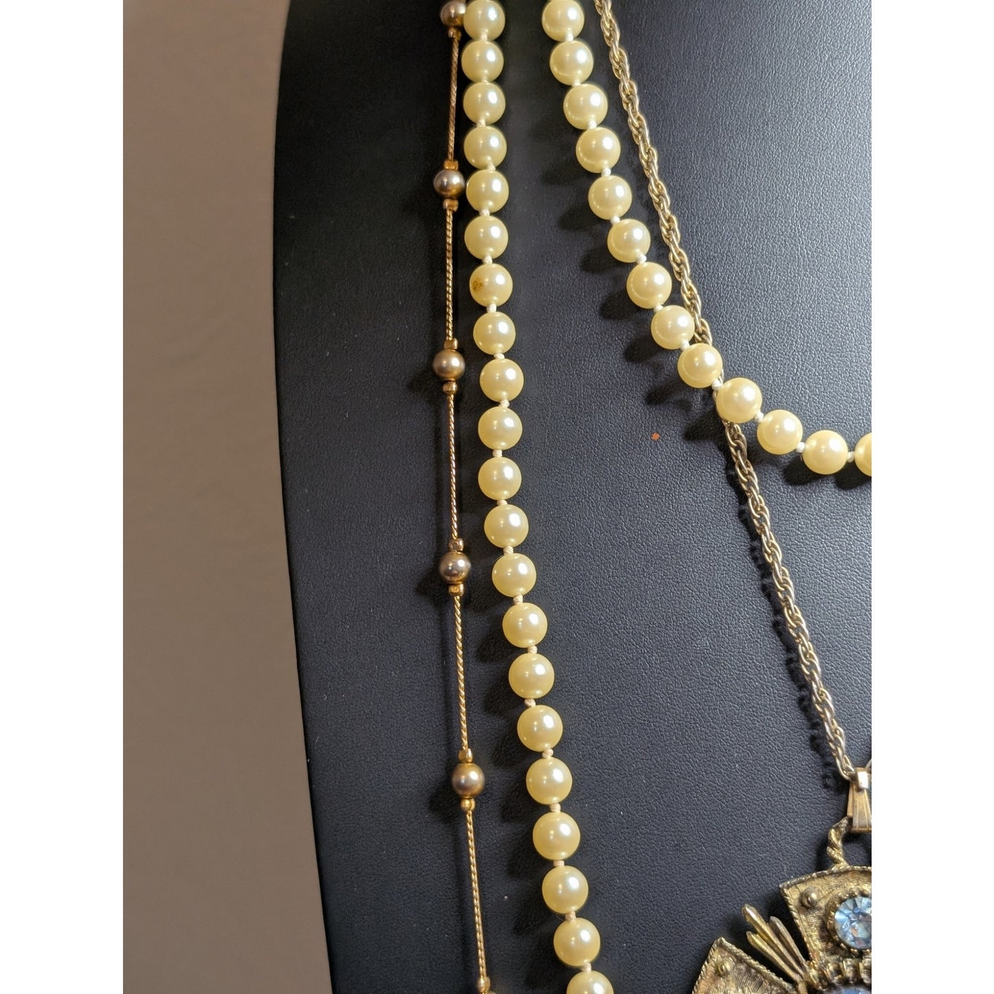 Lot of Three Layered Blue Rhinestone Faux Pearl Beaded Gold Tone Chain Necklaces