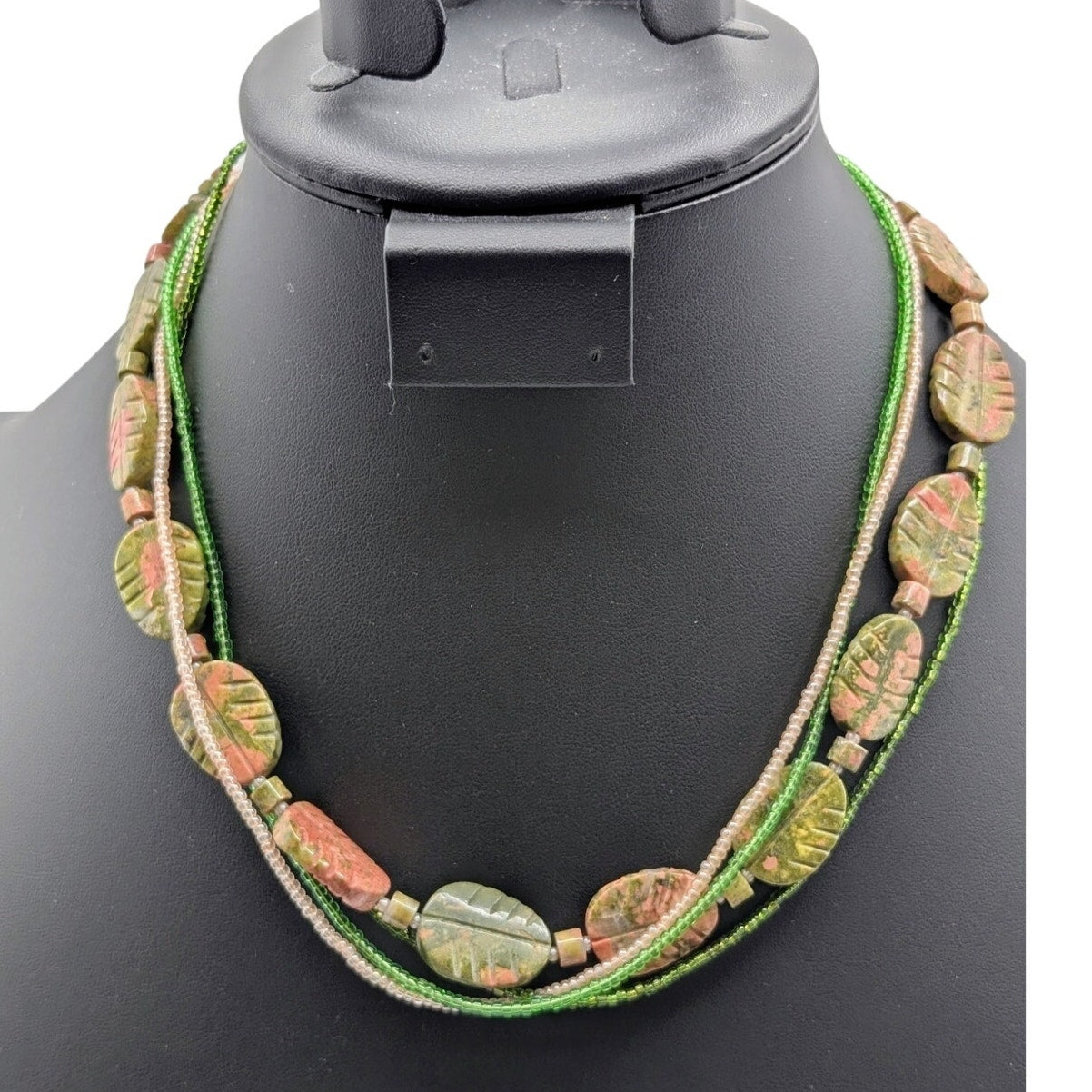 925 Sterling Silver Carved Unakite Stone Multi-Strand Seed Bead Necklace