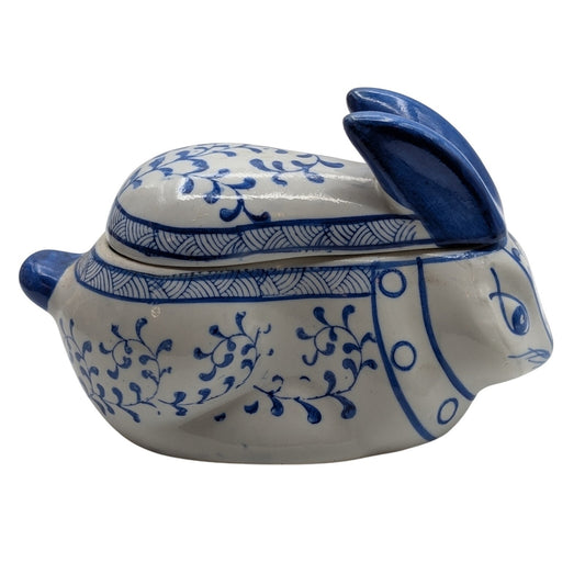 Vintage Blue White Lidded Bunny Trinket Box
