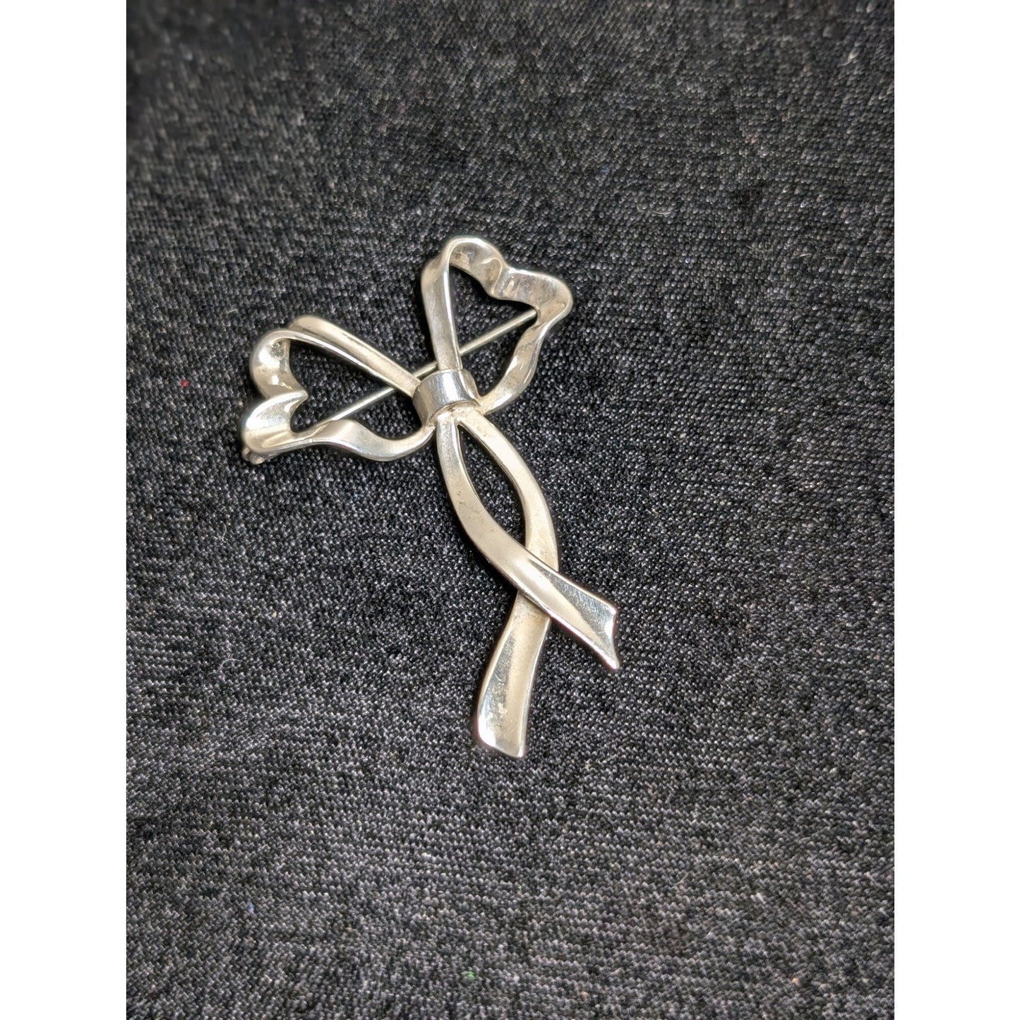 Vintage 925 Sterling Silver Ruffly Heart Ribbon Bow Brooch