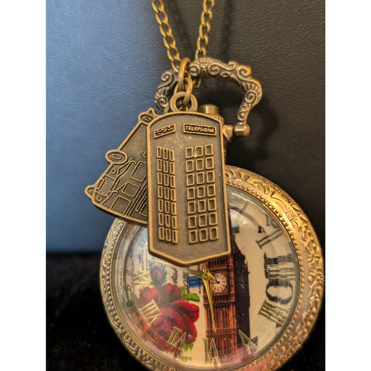 Paris Antiqued Bronze Retro VTG Style Steampunk Quartz Open Face Charm Necklace