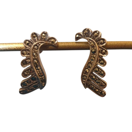 Vintage Marked 925 Silver Marcasite Fan Post Earring