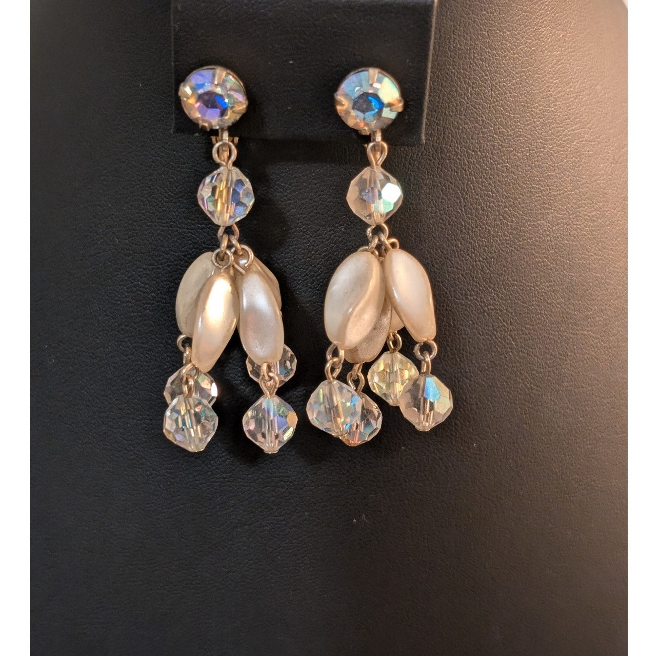 Vintage Aurora Borealis Crystal Faux Pearl Chandelier Dangle Clip On Earrings