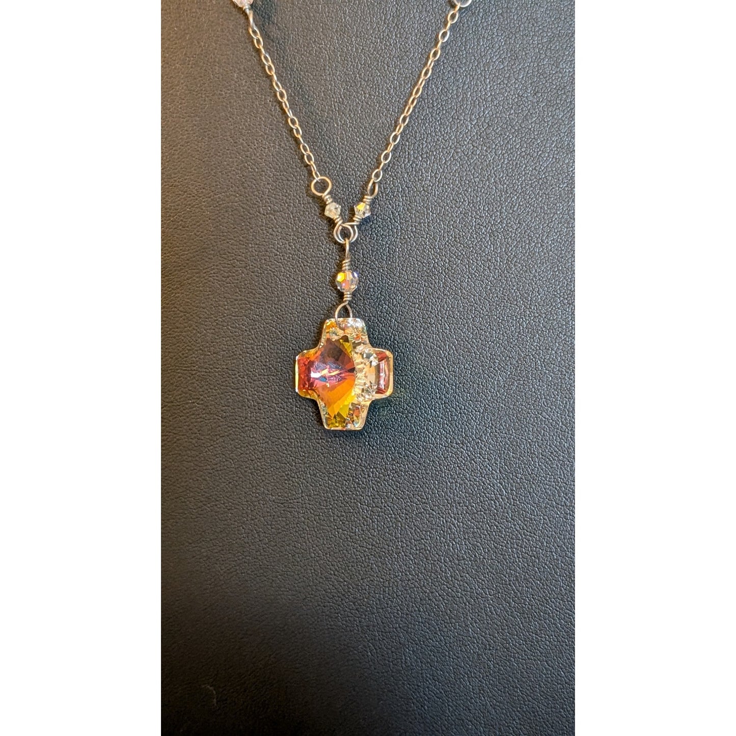 Crystal Prism Cross Pendant on Crystal Beaded 925 Sterling Chain