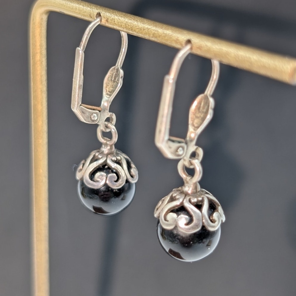Silver Tone Black Stone or Glass Bead Filigree Lever Back Dangle Earrings