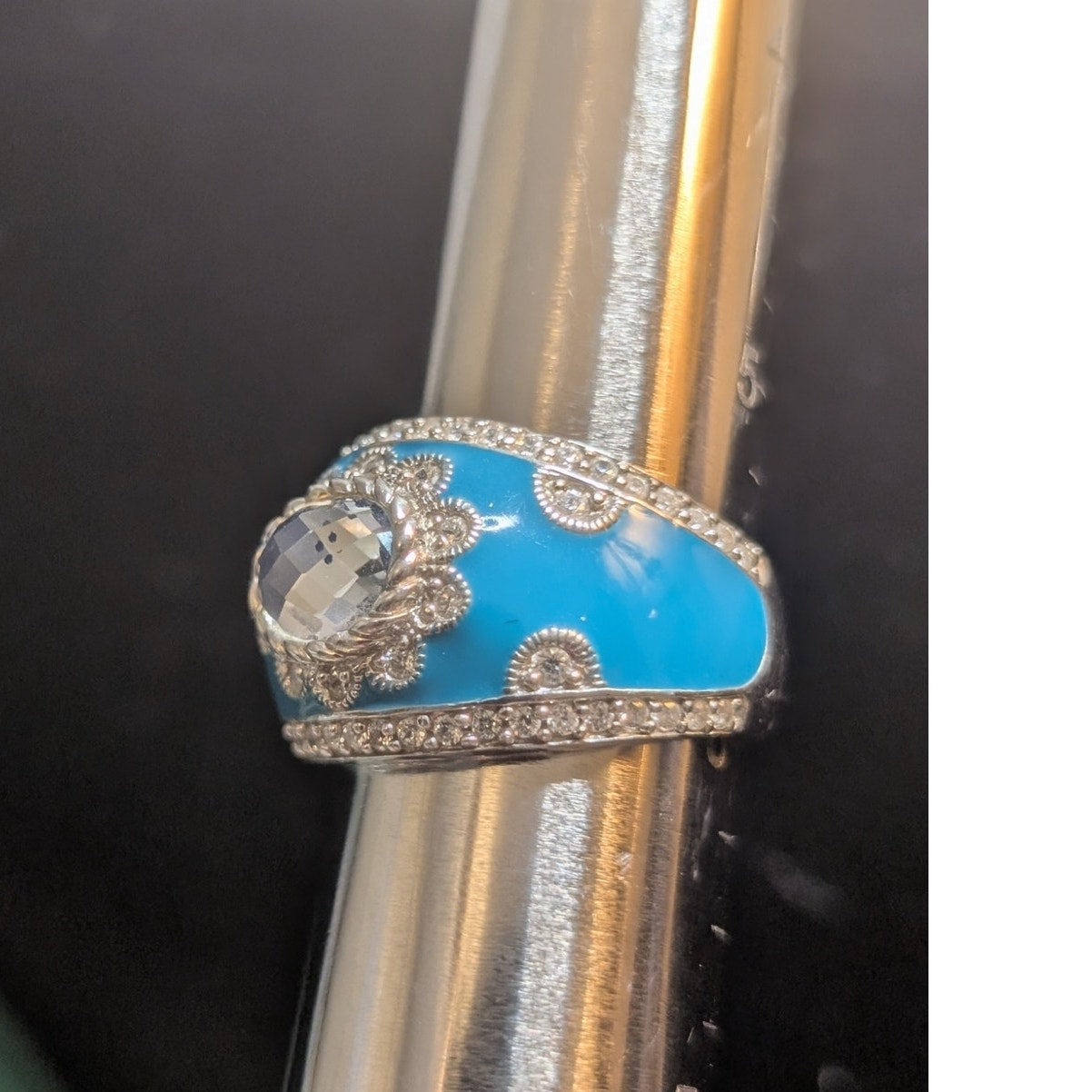 Judith Ripka Aqua Enamel Blue Spinel CZ 925 Sterling Cigar Band Ring Sz 5.75