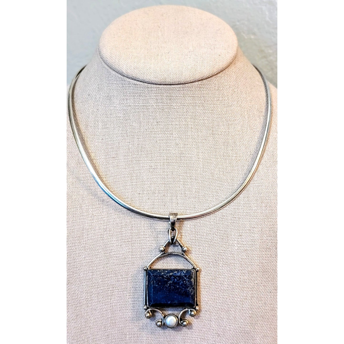 Chunky Lapis Lazuli Pearl Pendant on Mexican Sterling Silver Hook Clasp Collar