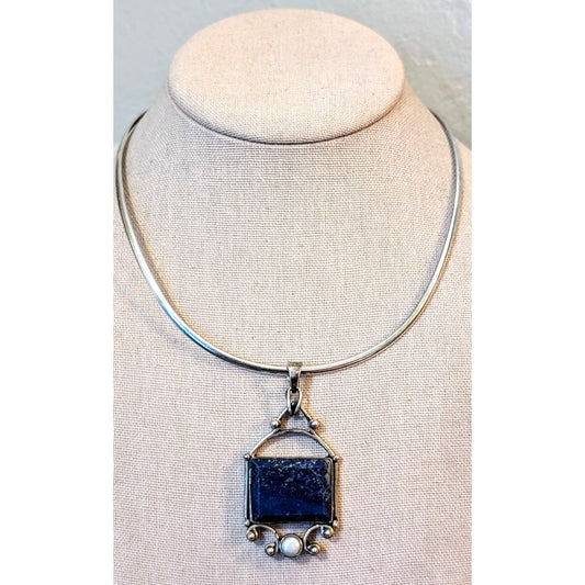 Chunky Lapis Lazuli Pearl Pendant on Mexican Sterling Silver Hook Clasp Collar
