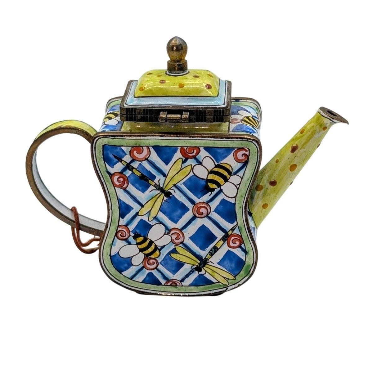 Kelvin Chen VTG Bees & Dragonflies Hand Painted Enamel Brass Collectible Teapot