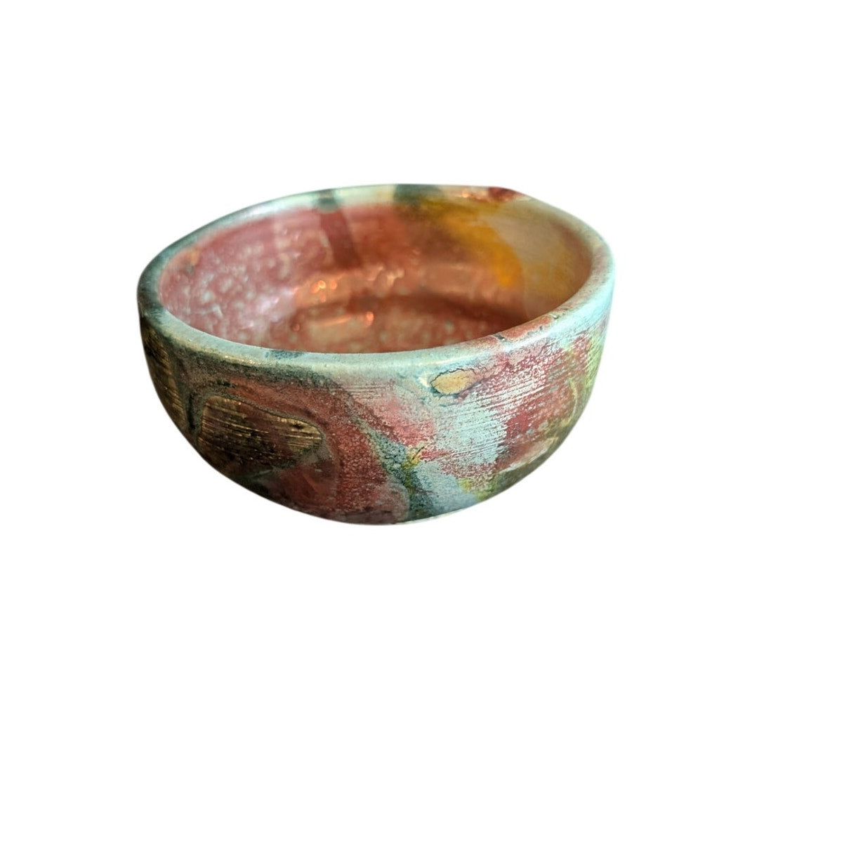 Signed ML Studio Pottery Turquoise Copper Gold Shine Bowl