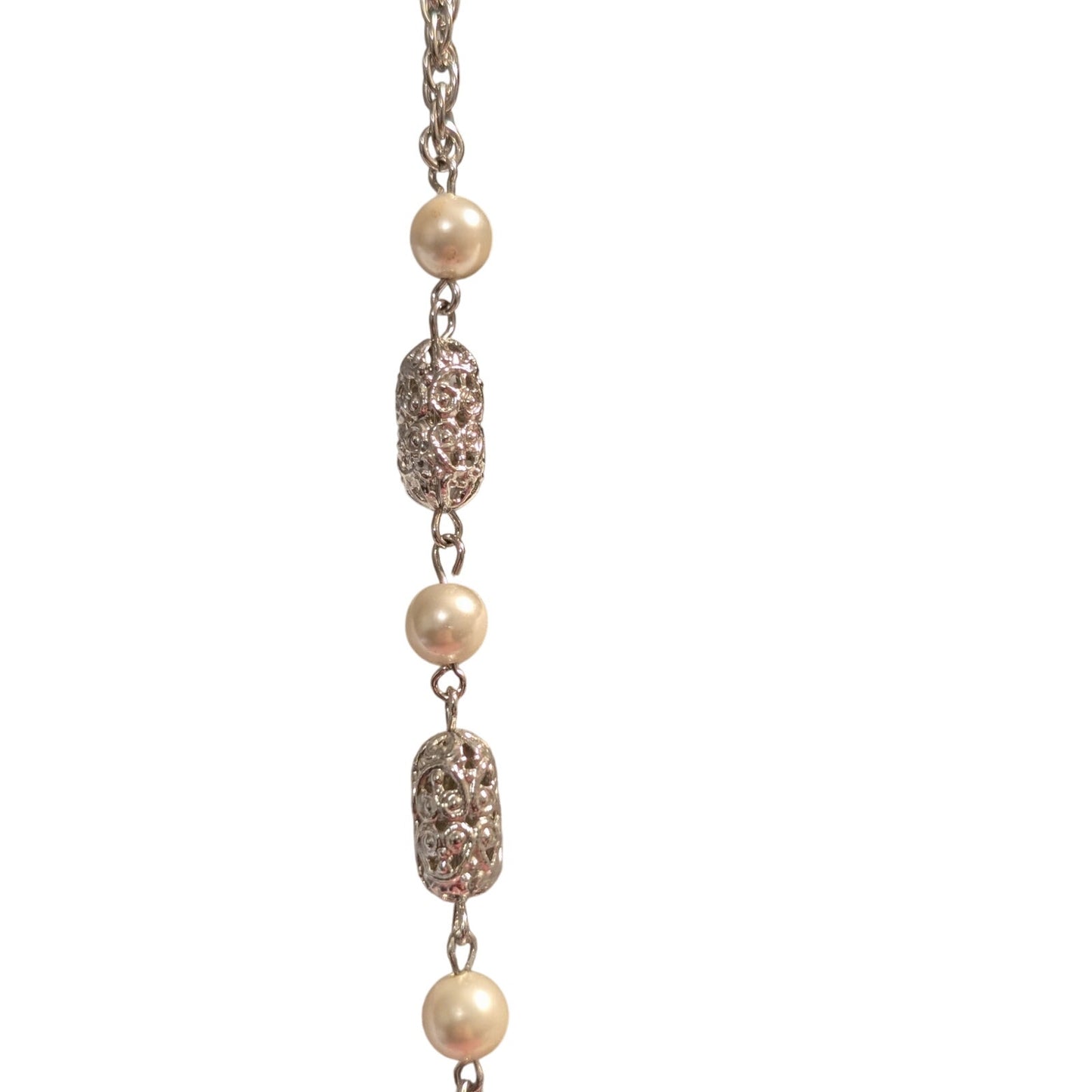 VINTAGE Sarah Coventry Silver Tone Pearl Filigree Bead 52" Necklace