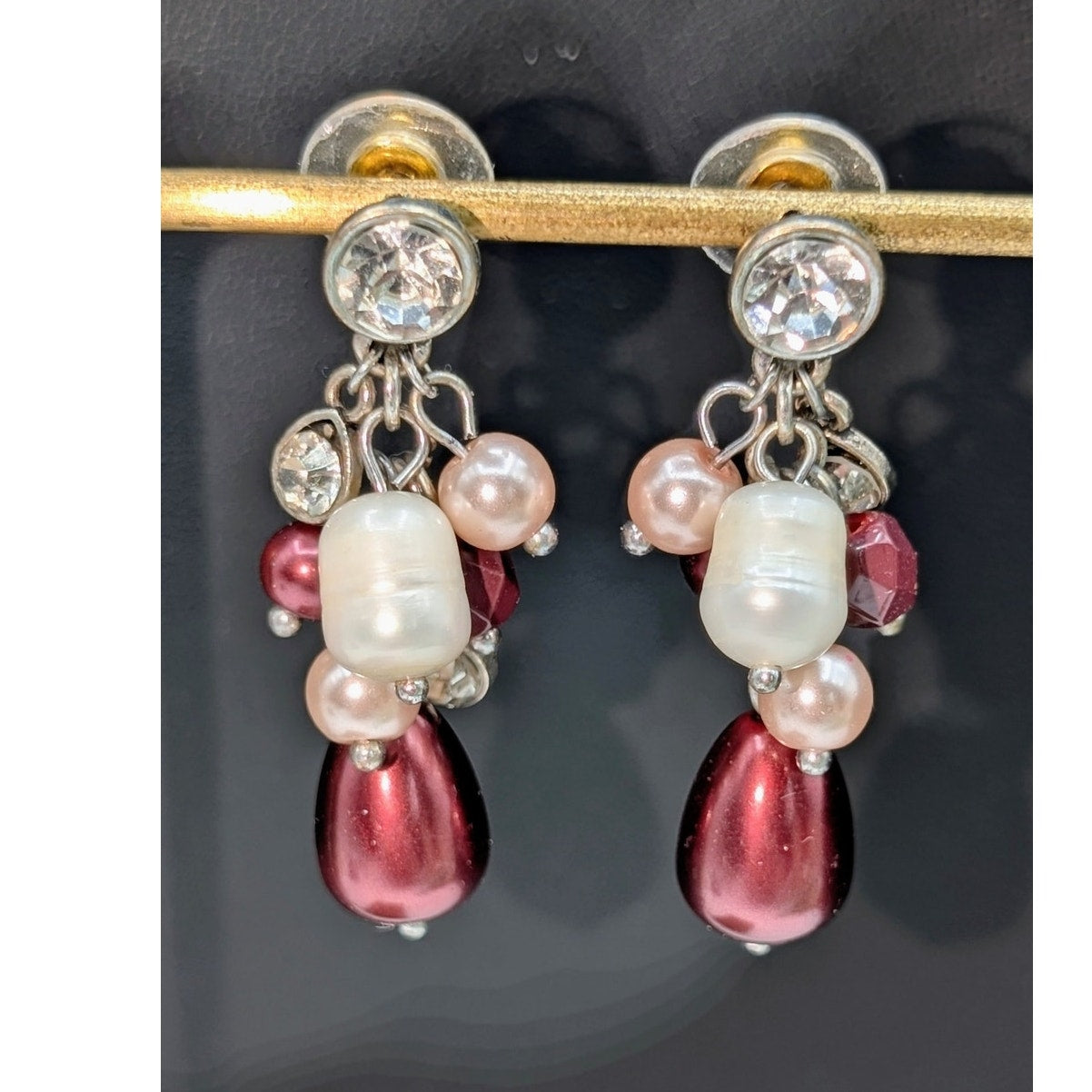 Maroon Pink White Faux Pearl Rhinestone Cluster Dangle Earrings
