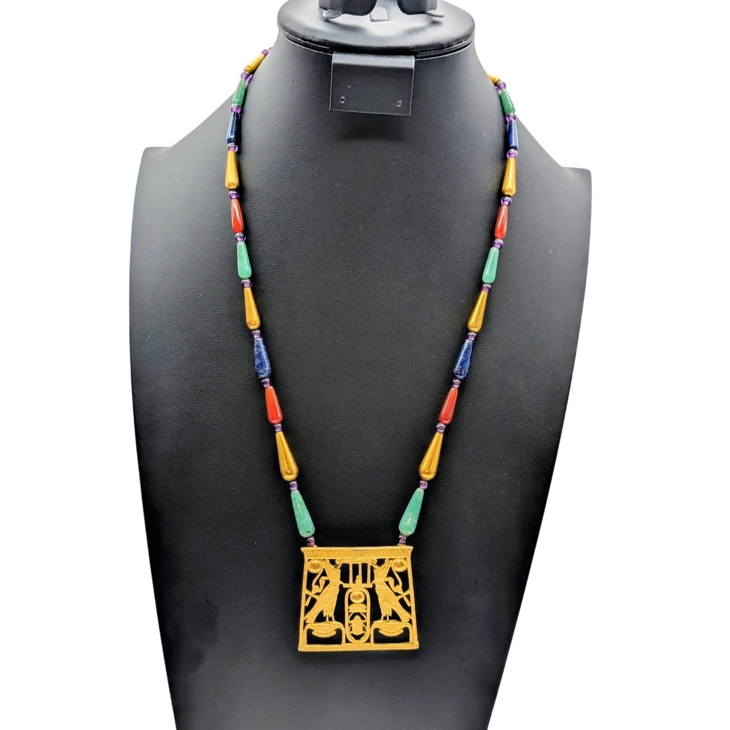 Vintage MMA 1976 Egyptian Scarab Falcon Gold Tone Pectoral Stone Bead Necklace