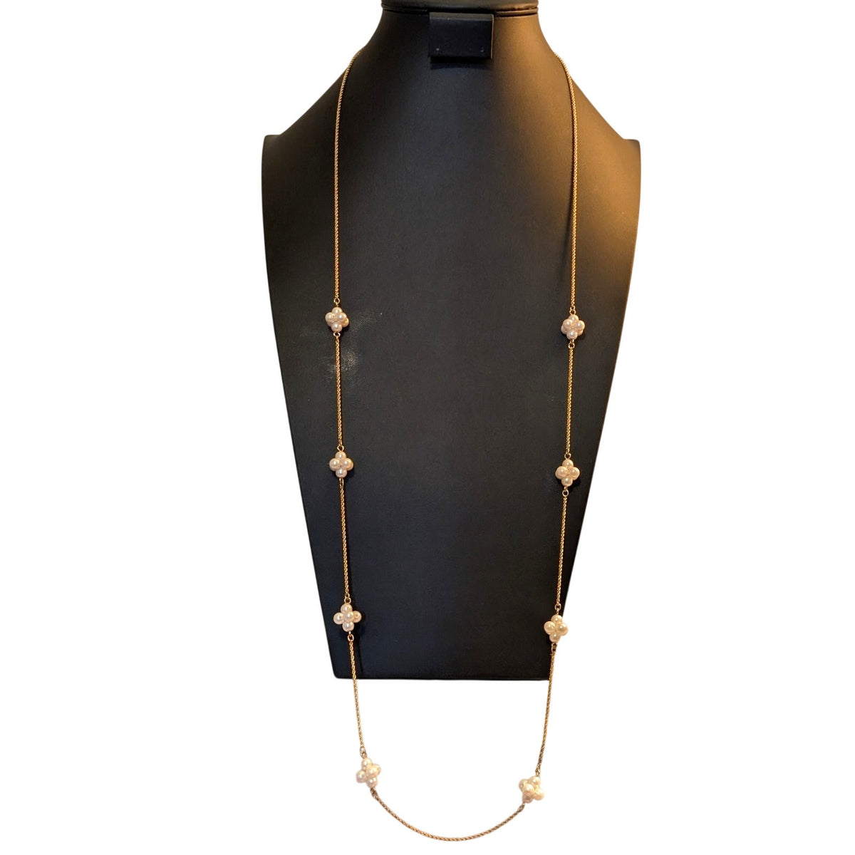 Vintage Napier Long Gold Tone Rope Chain Cluster Faux Pearl Necklace