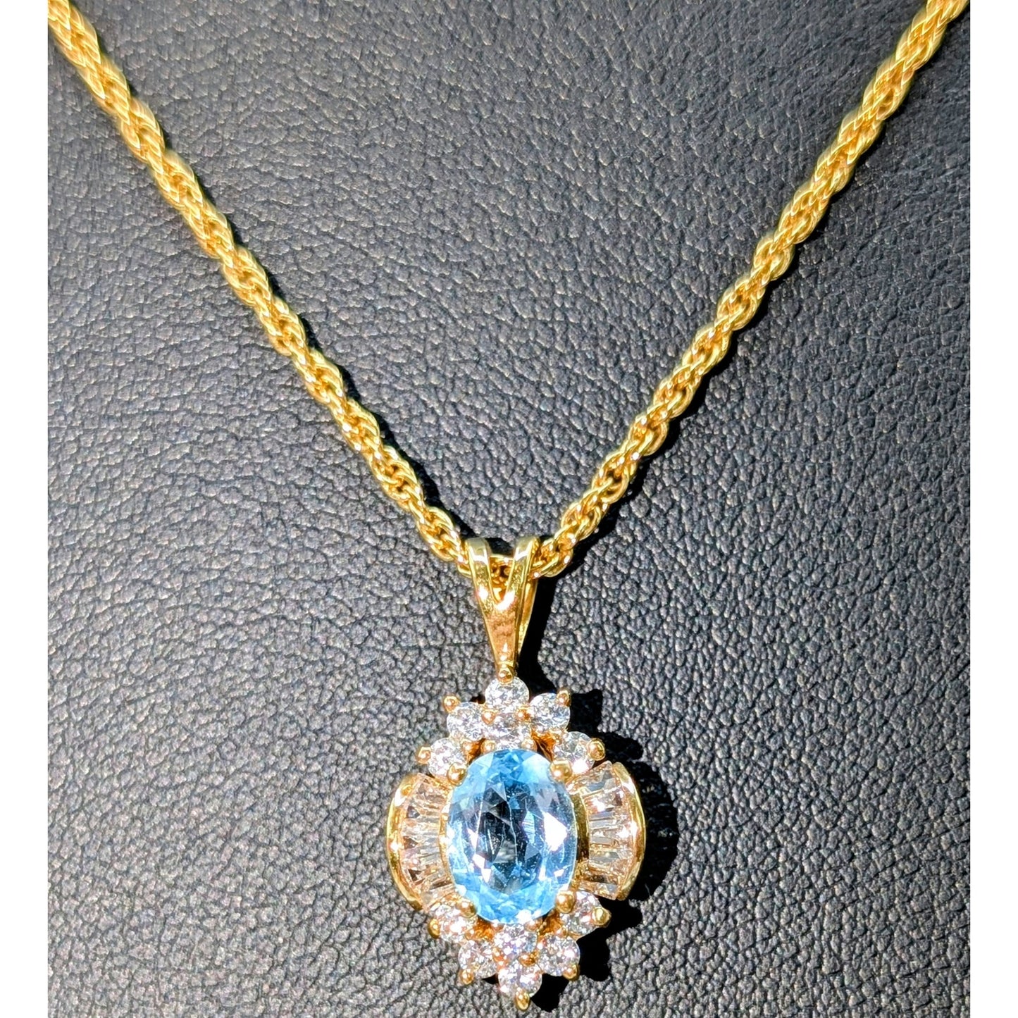 Gold Tone Light Blue Glass & Round & Baguette CZ Pendant 18" Chain Necklace