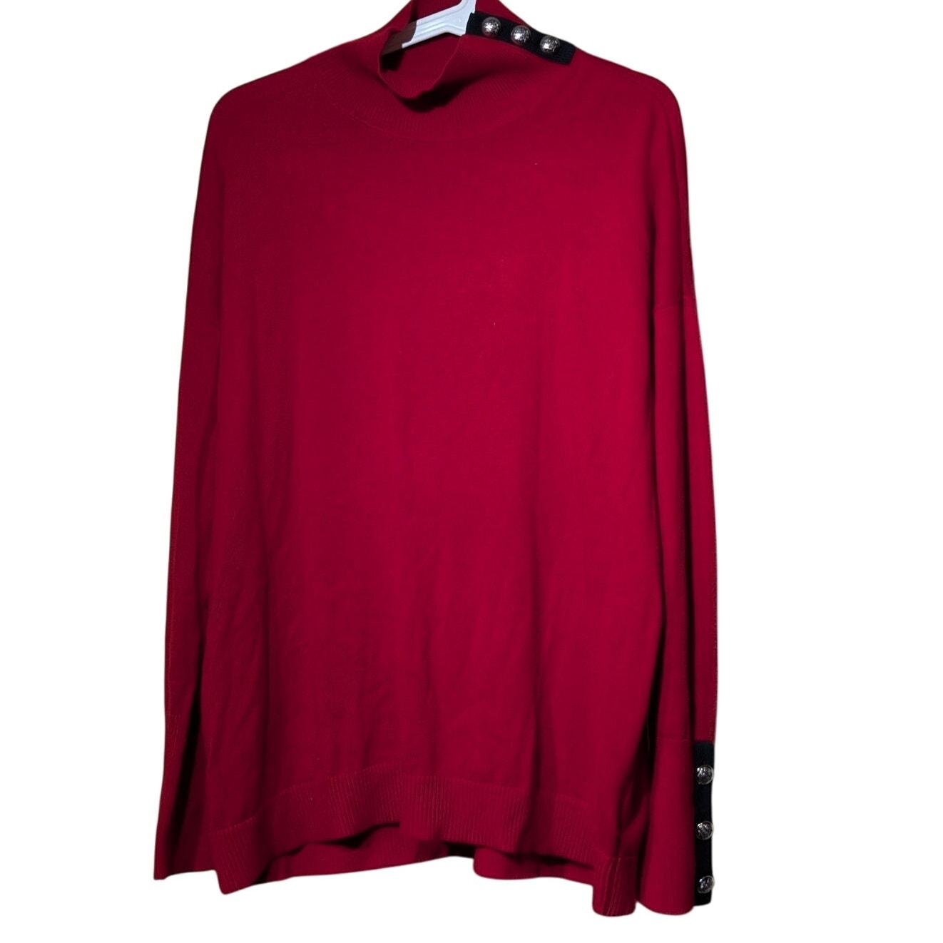 Lauren Ralph Lauren Red Black Accent Silver Tone Button Turtleneck Sweater Sz XL
