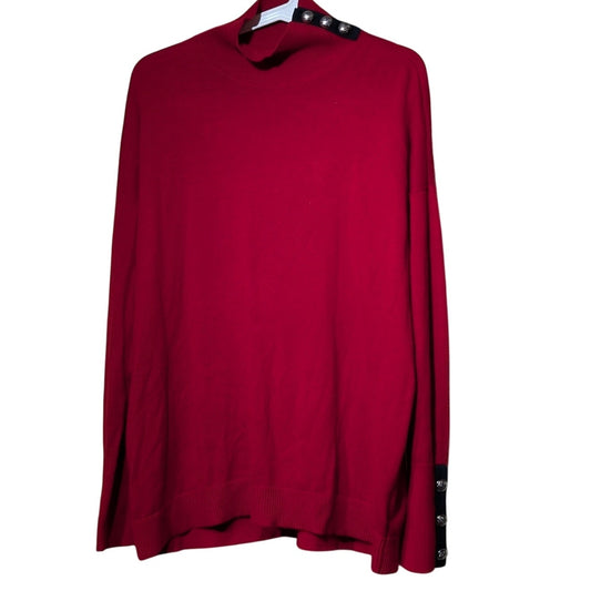 Lauren Ralph Lauren Red Black Accent Silver Tone Button Turtleneck Sweater Sz XL