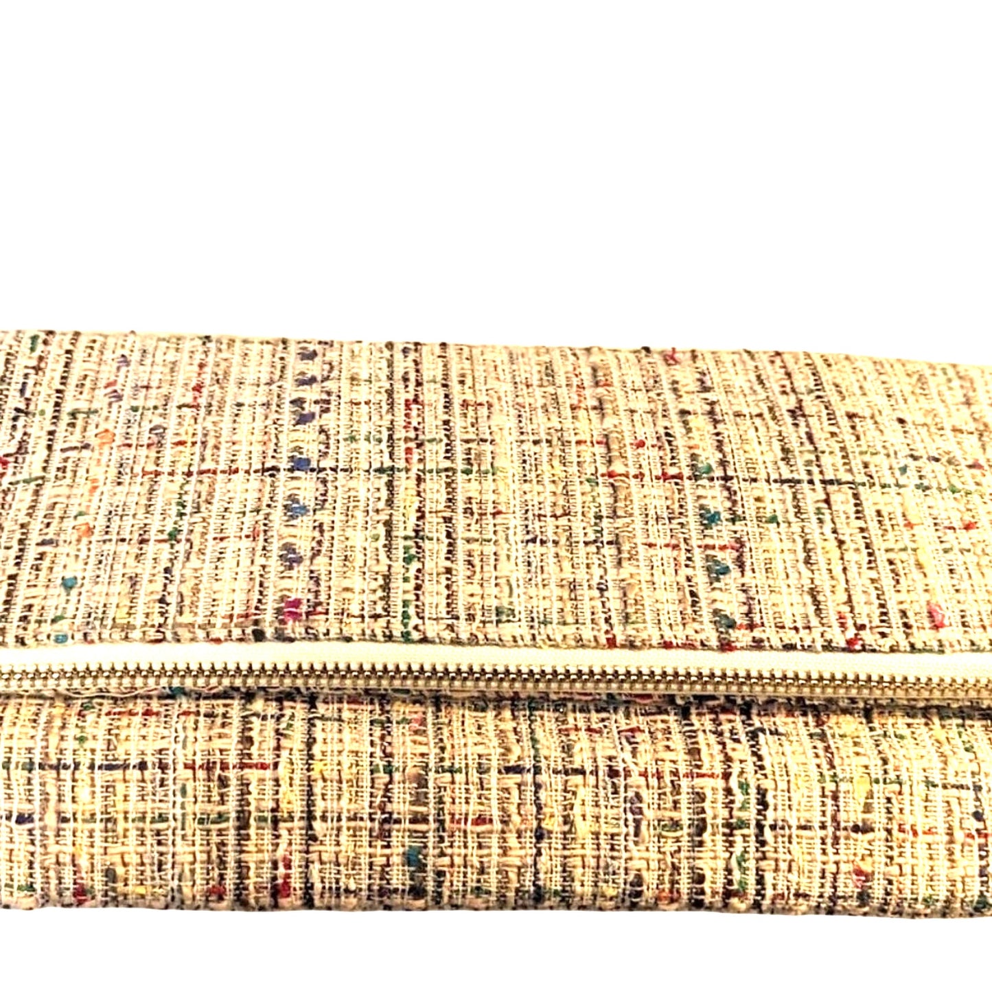 Cream Tweed Fold Over Bag. Gold Tone Hardware and Chain with White Satin Lining
