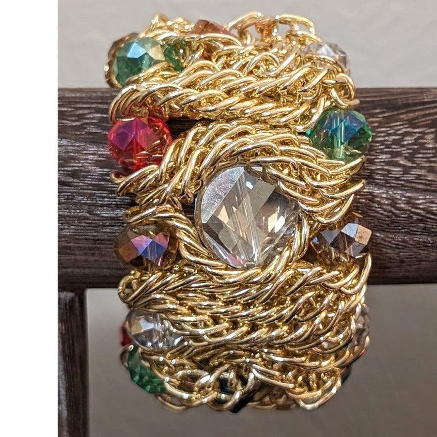 Bold Chunky Jeweled Gold Tone Woven Chain Stretch Bracelet