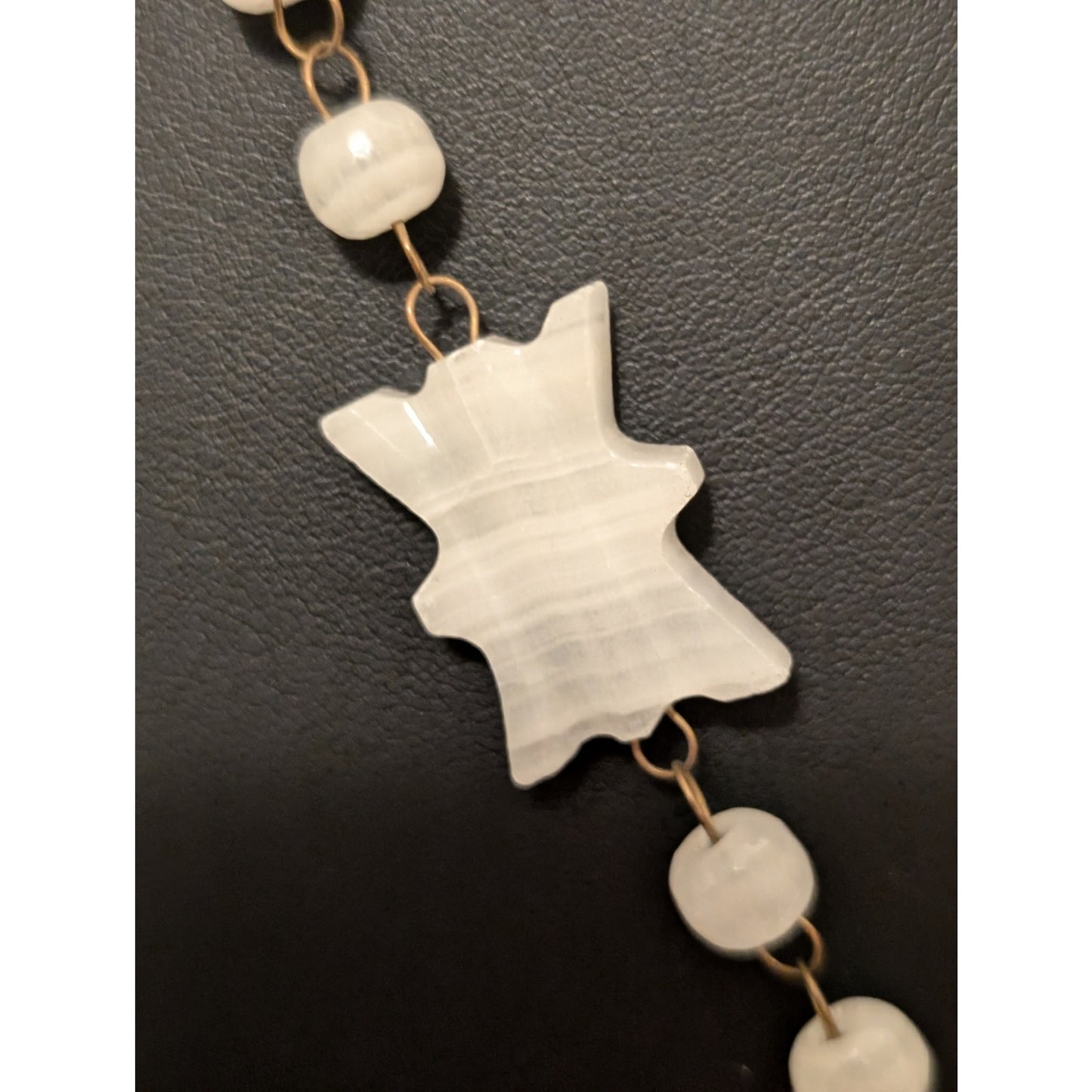 Carved White Quartz Mother of Pearl Gold Tone Bezel Medallion Beaded Necklace