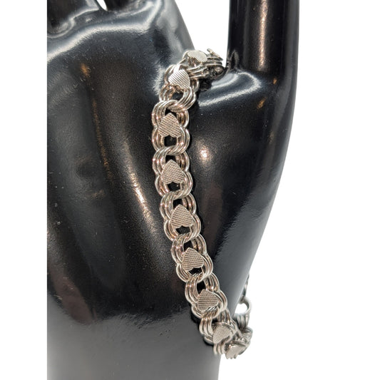Vintage Mid Century Sterling Silver Double Link Textured Heart Charm Bracelet