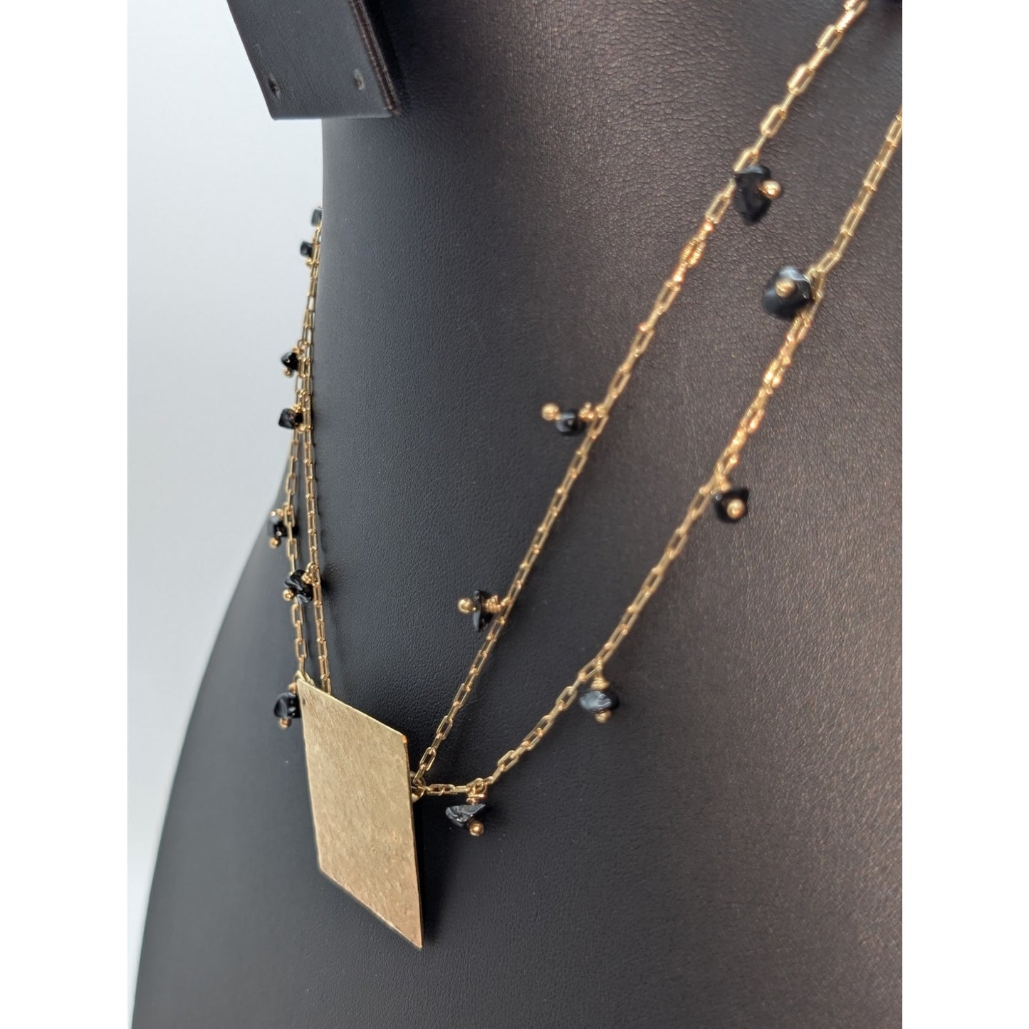 BP Gold Tone Two Strand Black Stone Chip Dangle Square 18"-19.5" Necklace