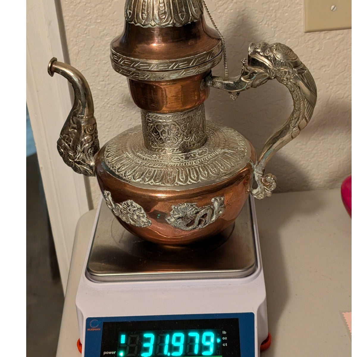 Antique 1900s Tibetan Dragon Tea Pot Ewer Copper With Silver Repose Decoration
