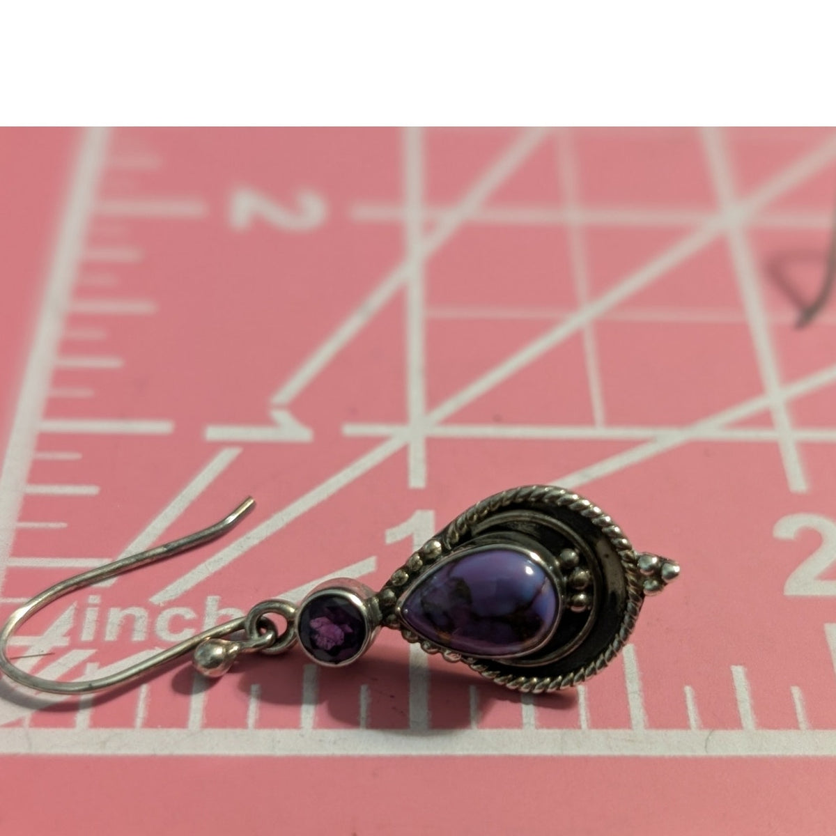 Vtg Purple Stone Purple Amethyst Gemstone 925 Sterling Silver Dangle Earrings