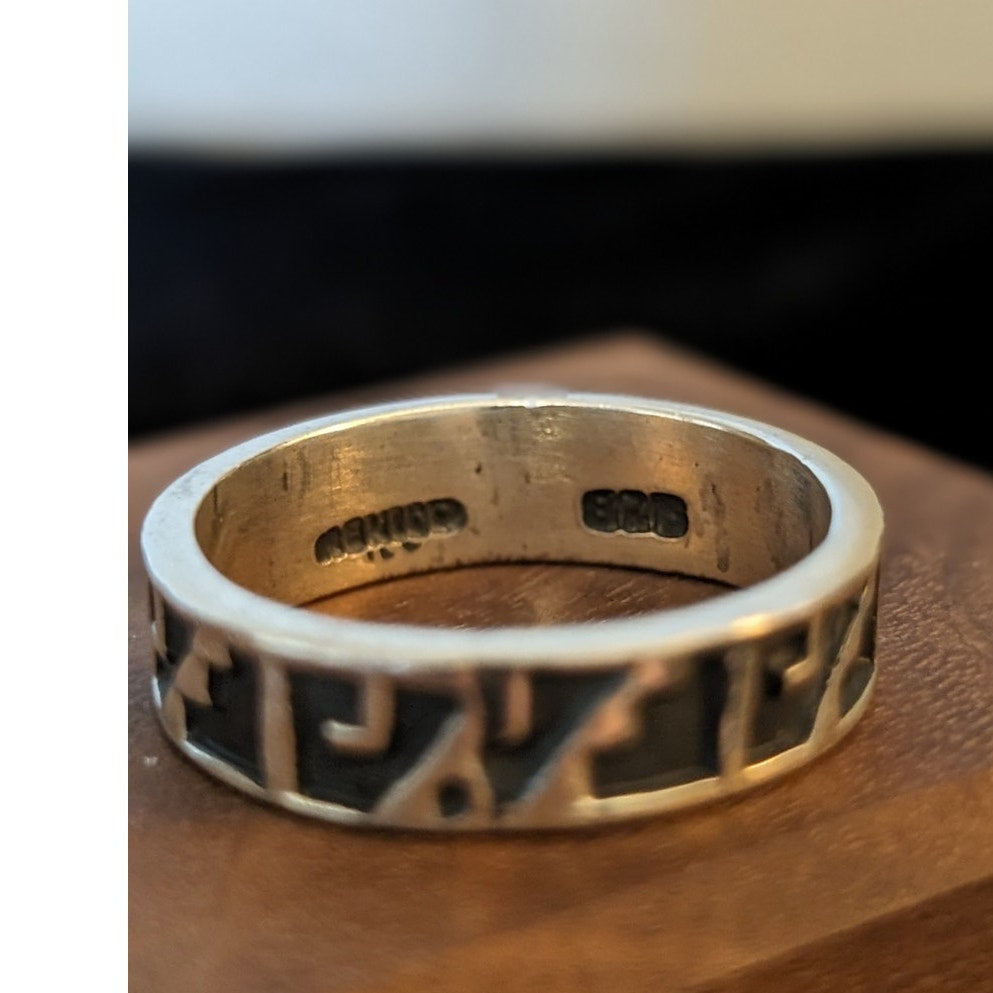 925 Mexico Sterling Silver Geometric Detail Motif Mens Ring Size 10.5