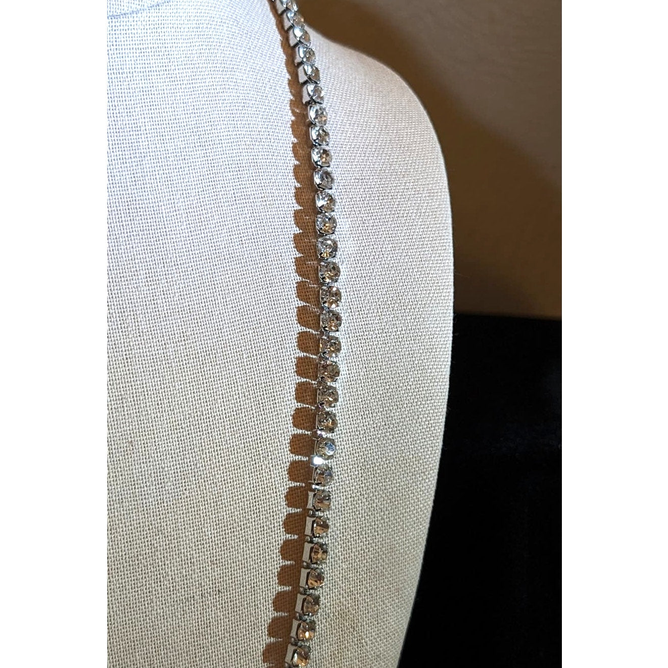 Vintage Long Square Set Closed Back Rhinestone 'Tennis' Fold Over Clasp Necklace