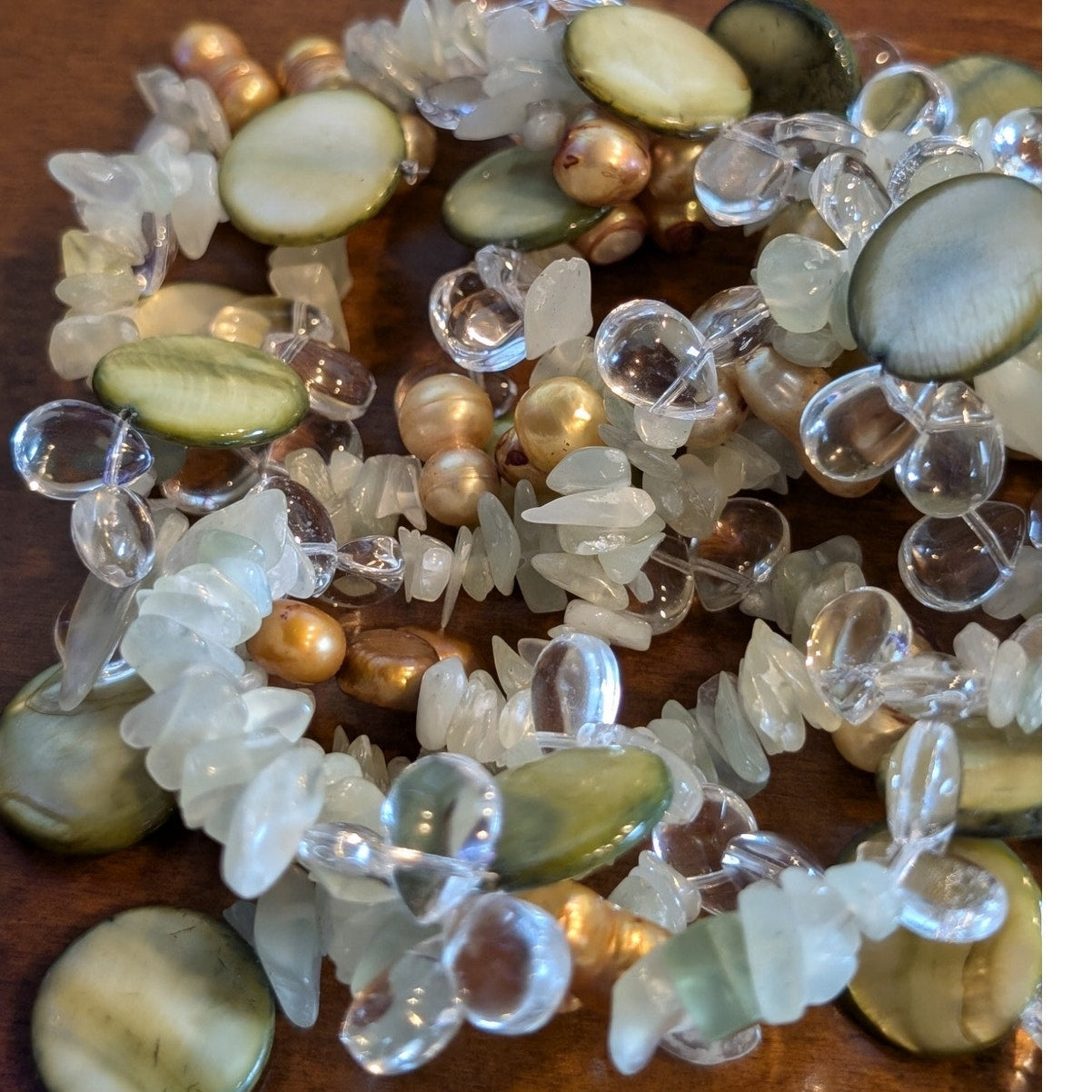 58" Long Green Coin Shell Stone Chip Gold Pearl Glass Teardrop Lariat Necklace