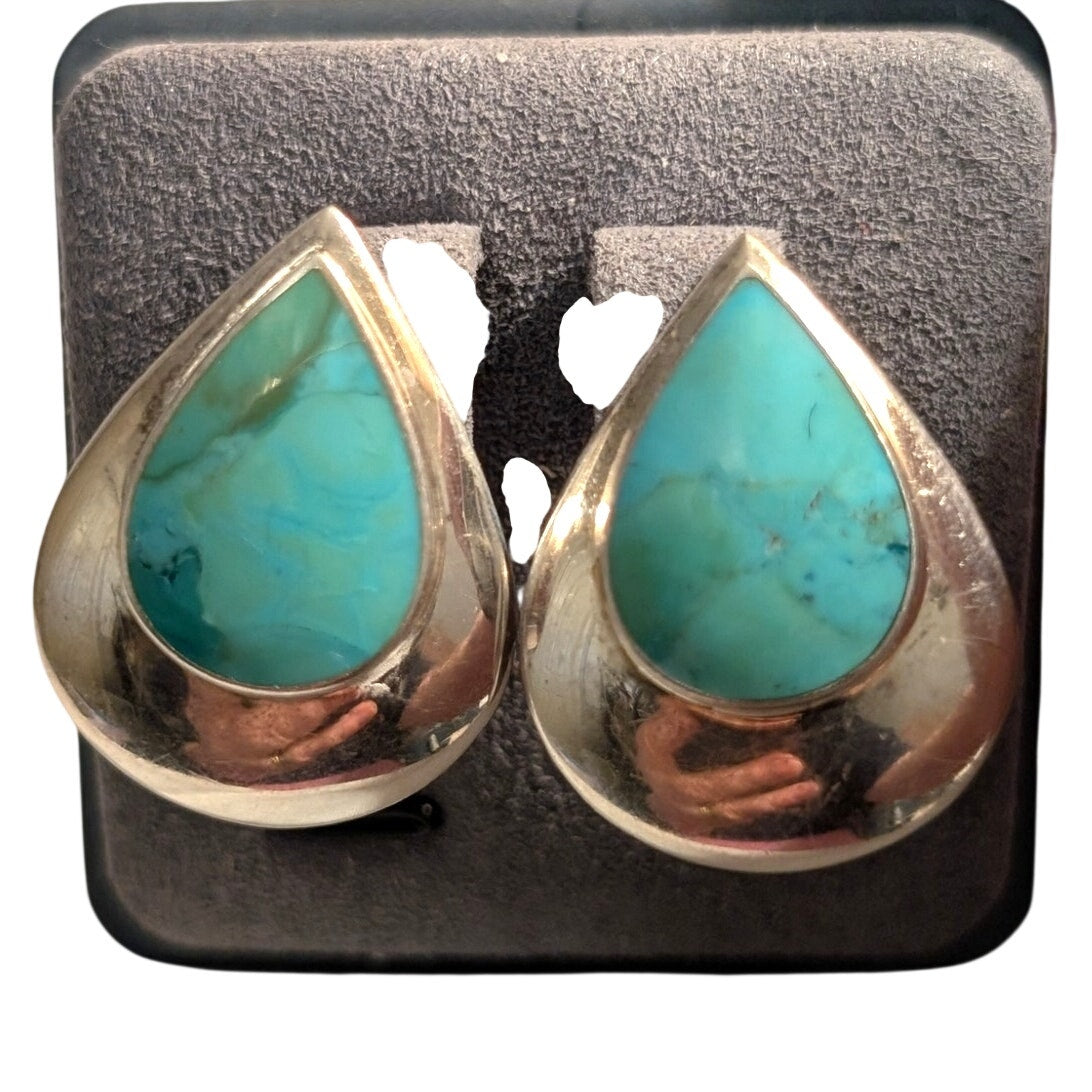 Vintage Turquoise Sterling Silver Teardrop Clip On Earrings