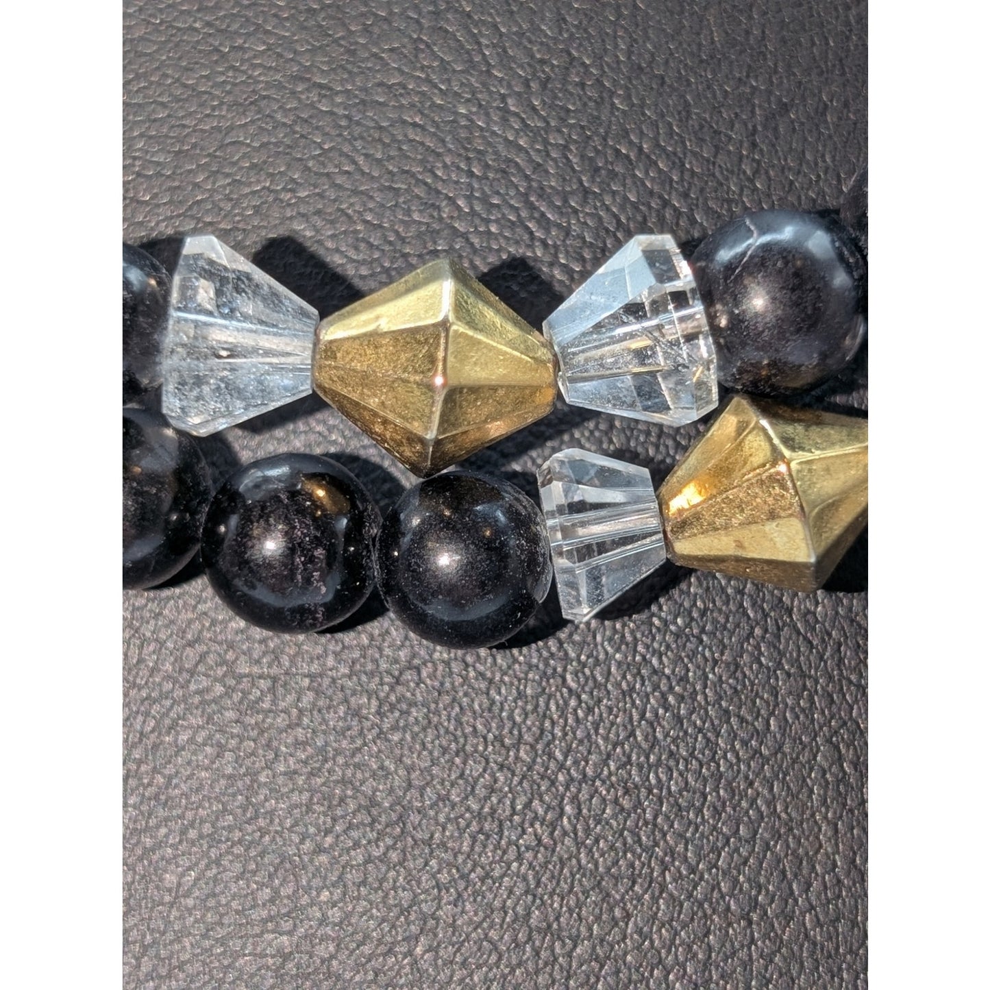 Vtg Black Glass Gold Tone Bicone Crystal & Rondelle Bead Double Strand Necklace