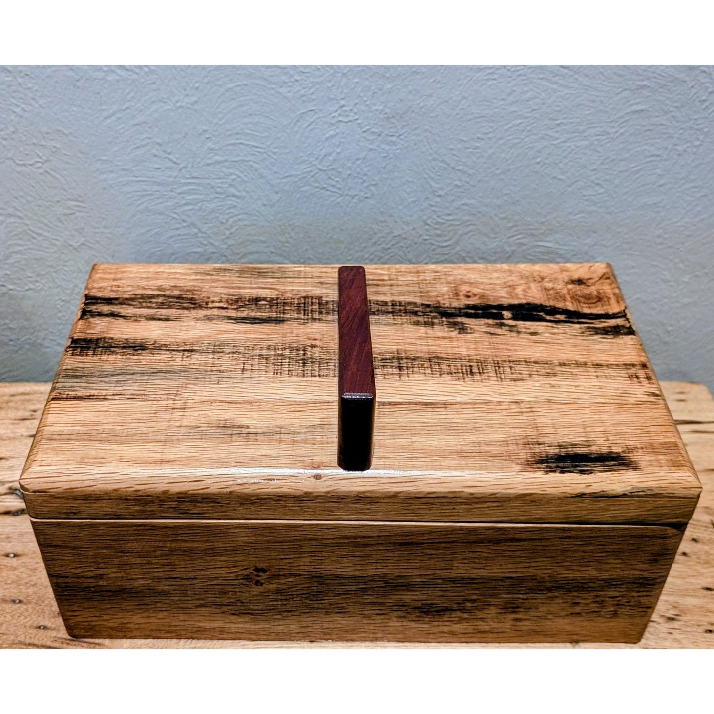 Hand Crafted Hinged Oak Box W/ Purple Heart Wood Handle Approximately 8" X 13.5"