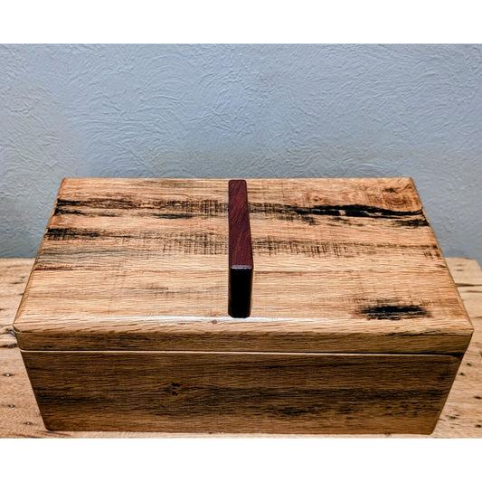 Hand Crafted Hinged Oak Box W/ Purple Heart Wood Handle Approximately 8" X 13.5"