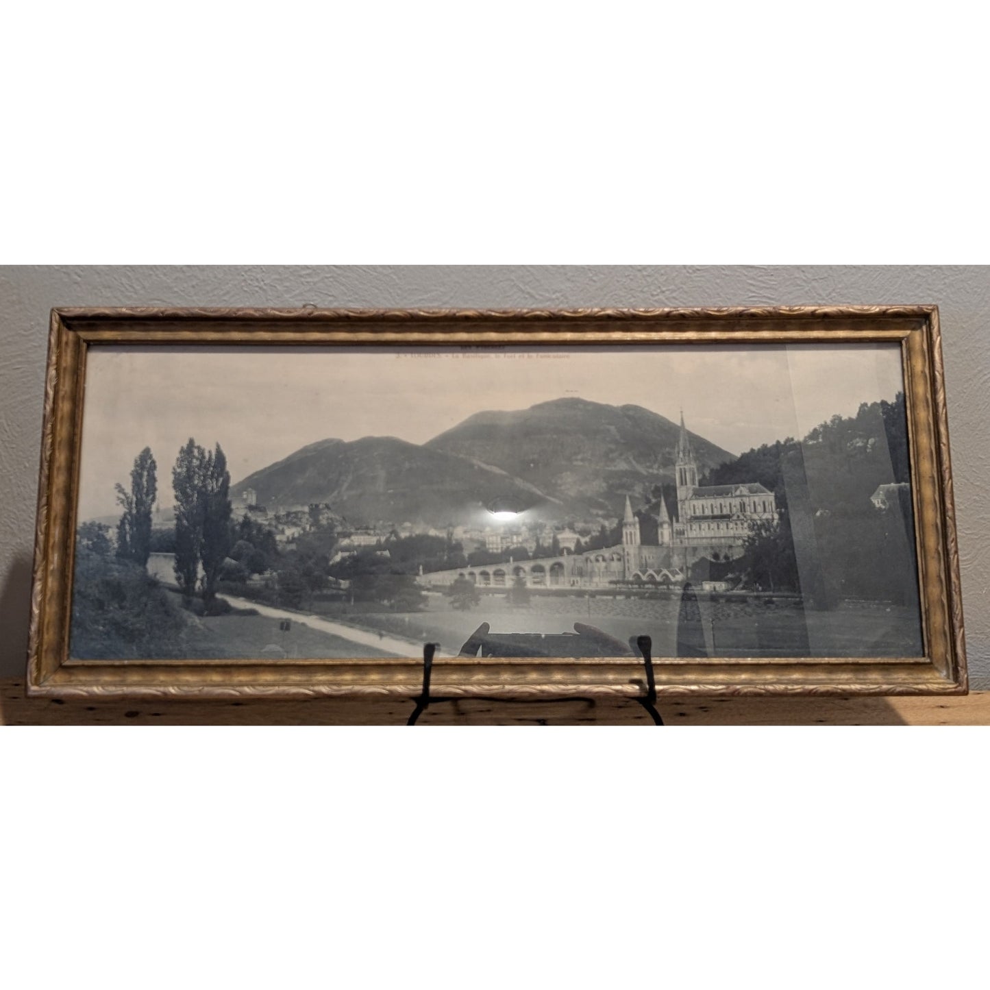 Antique/Vintage East to West Black & White Framed Picture of Lourdes Under Glass