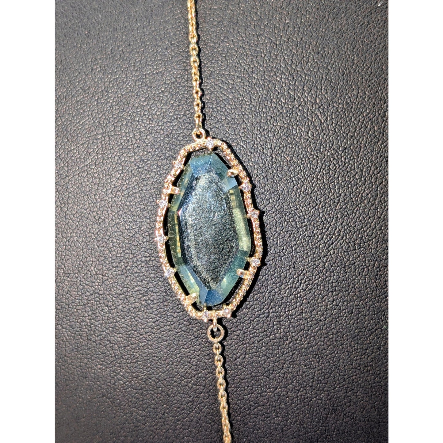 Hand-Crafted Abstract Blue Green Glass Crystal & CZ Gold Plated Chain Necklace
