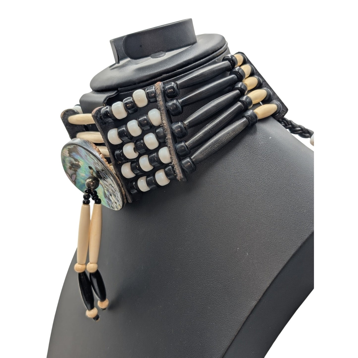 Native American Abalone Disc 5 Strand Bone Hairpipe & Glass Bead Leather Choker