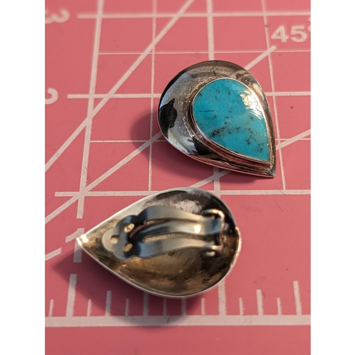 Vintage 925 Sterling Turquoise Teardrop Clip On Earrings