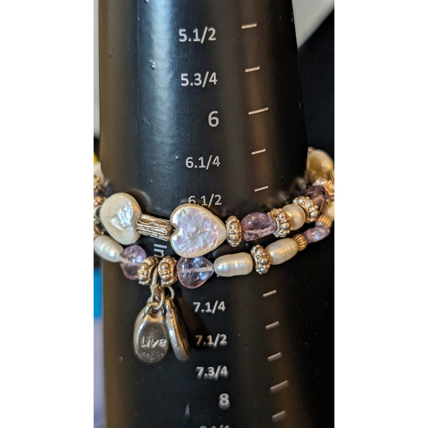Sterling Rice Pearl Heart Shaped Freshwater Coin Pearls Amethyst Charm Bracelet