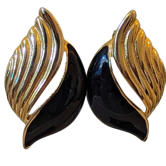 Vintage Black Enamel Gold Tone 'Flame' Post Earrings
