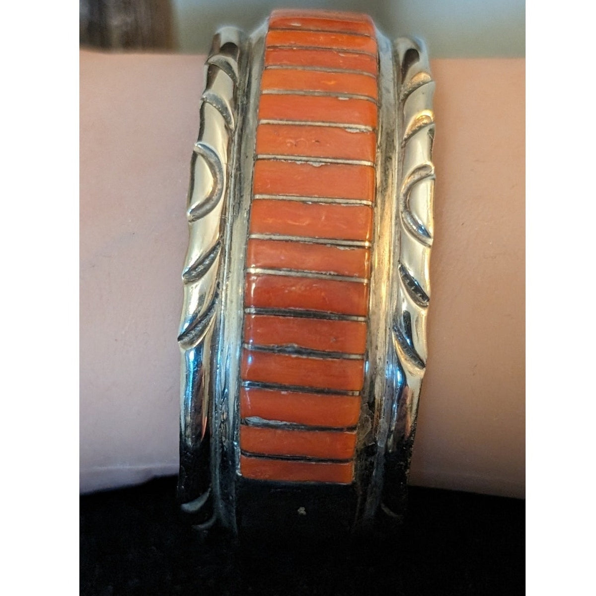VTG Signed Zuni El Gasper Red Coral Inlay Sterling Silver Cuff Bracelet 44g