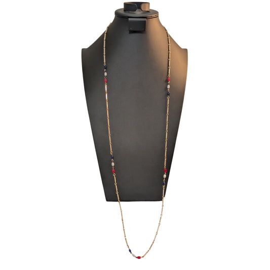 Vintage 70s Red White Blue Glass Bead Gold Tone Bar Link 44" Necklace
