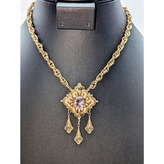 Vtg Signed Coro Victorian Art Nouveau Gold Plated Amethyst Stone Necklace