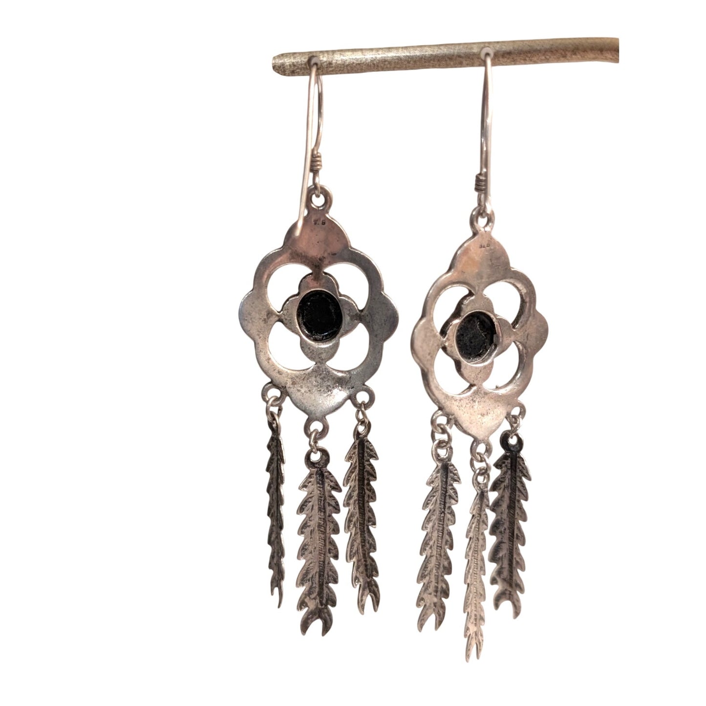 Vintage Sterling Silver Black Onyx Inlay Floral Three Feather Dangle Earrings